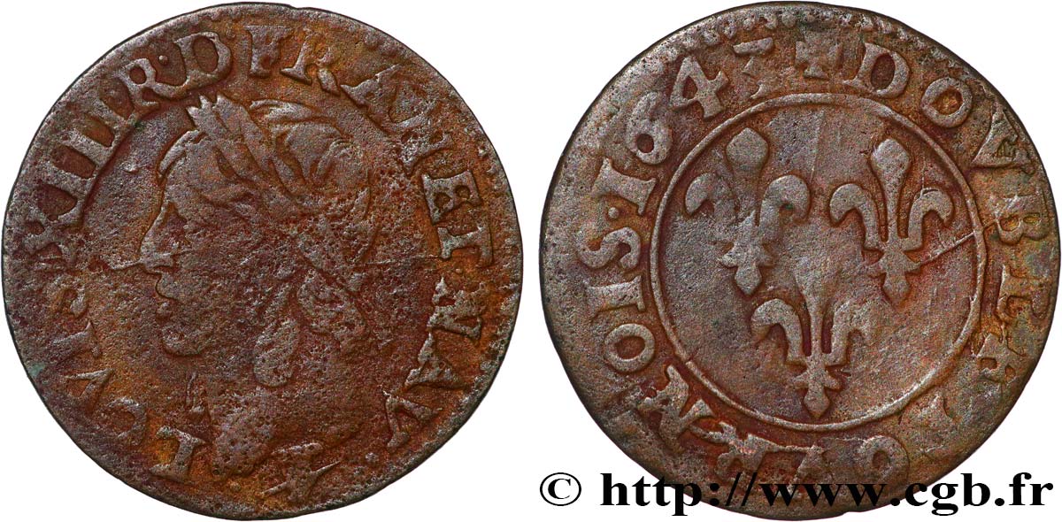 LOUIS XIII  Double tournois, type de Warin 1643 Feurs fSS