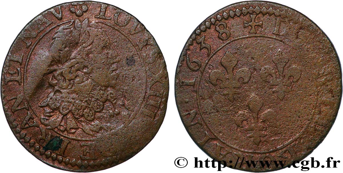 LOUIS XIII LE JUSTE Double lorrain au buste vieilli, type 11 1638 Stenay B+