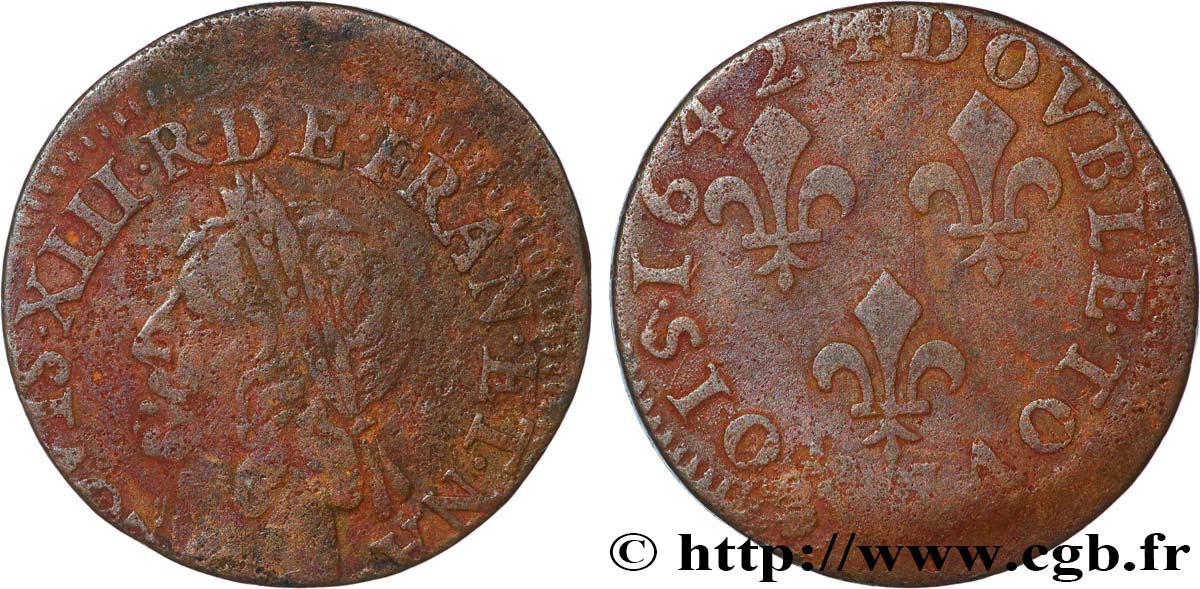 LOUIS XIII  Double tournois, type de Warin 1642  VF