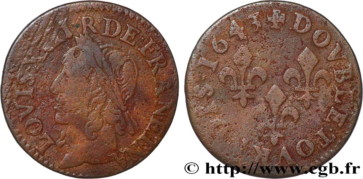 LOUIS XIII LE JUSTE Double tournois, type de Warin 1643  TB