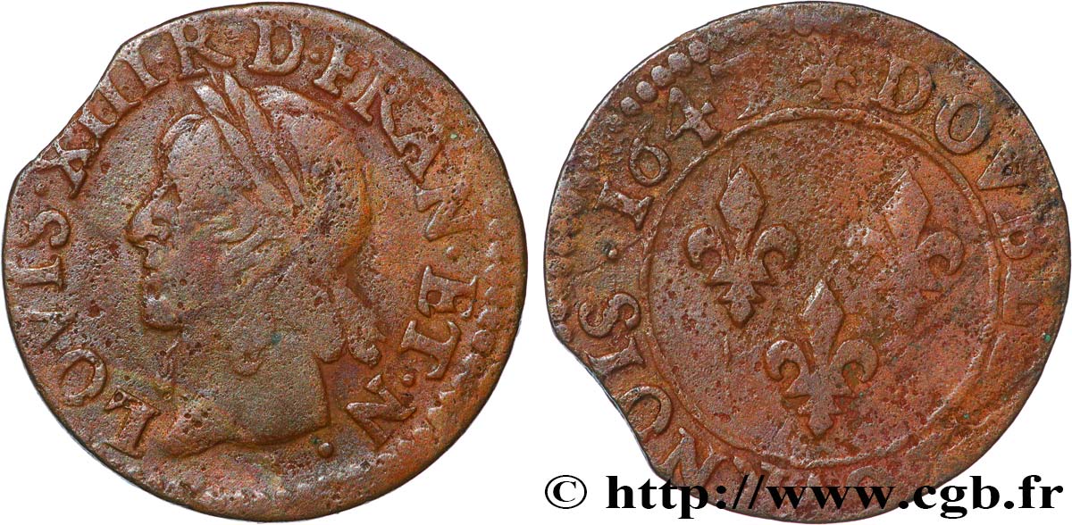 LOUIS XIII LE JUSTE Double tournois, type de Warin 1643  TB