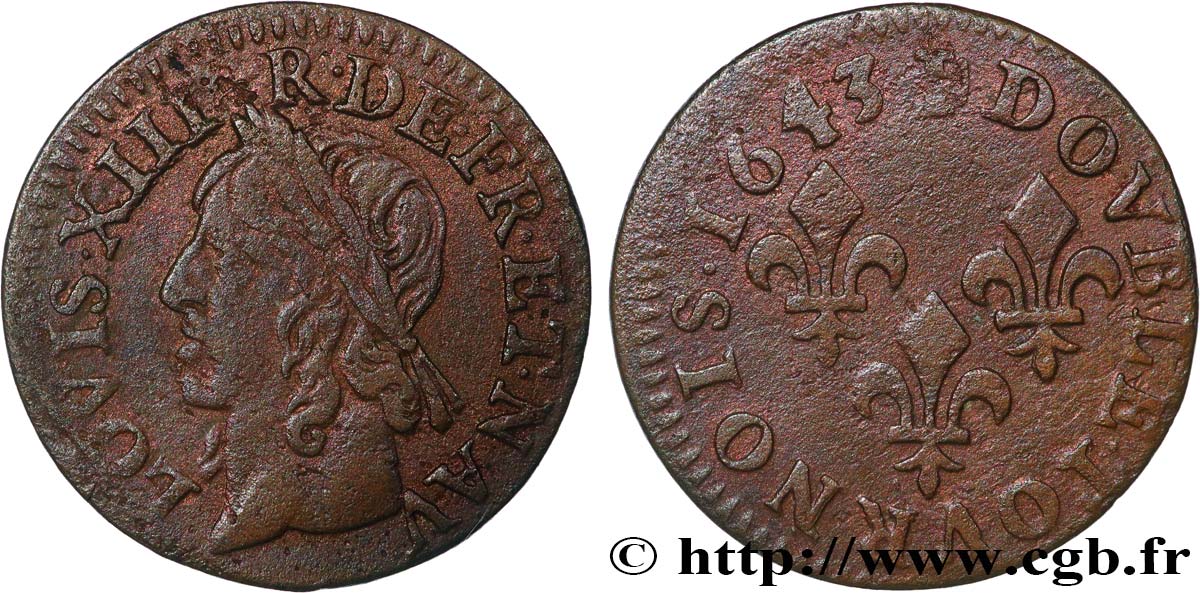 LOUIS XIII LE JUSTE Double tournois, type de Warin 1643  TB