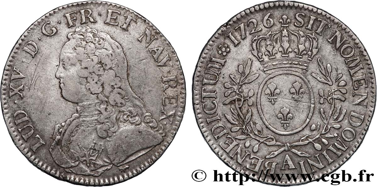 LOUIS XV &nbsp;THE WELL-BELOVED&nbsp; Écu aux branches d&nbsp;olivier, buste habillé 1726 Paris XF