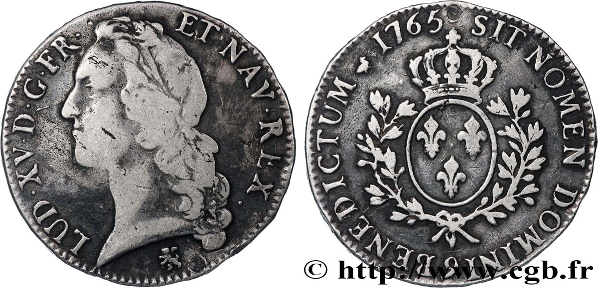 LOUIS XV &nbsp;THE WELL-BELOVED&nbsp; Écu aux branches d’olivier, tête ceinte d’un bandeau 1765 Rennes q.BB/BB