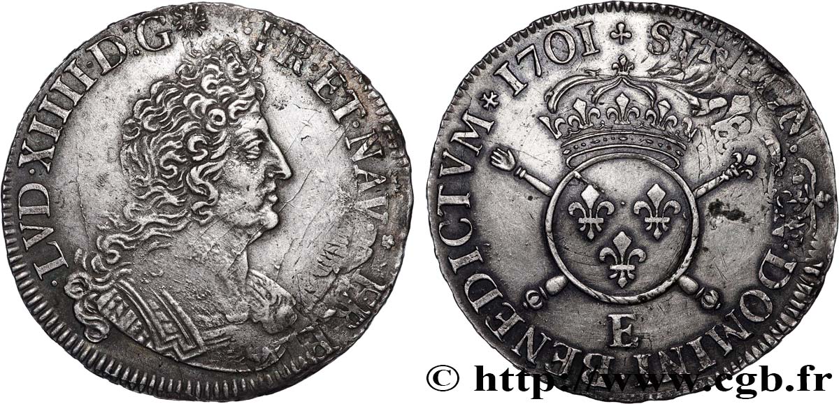 LOUIS XIV  THE SUN KING  Demi-écu aux insignes 1701 Tours AU