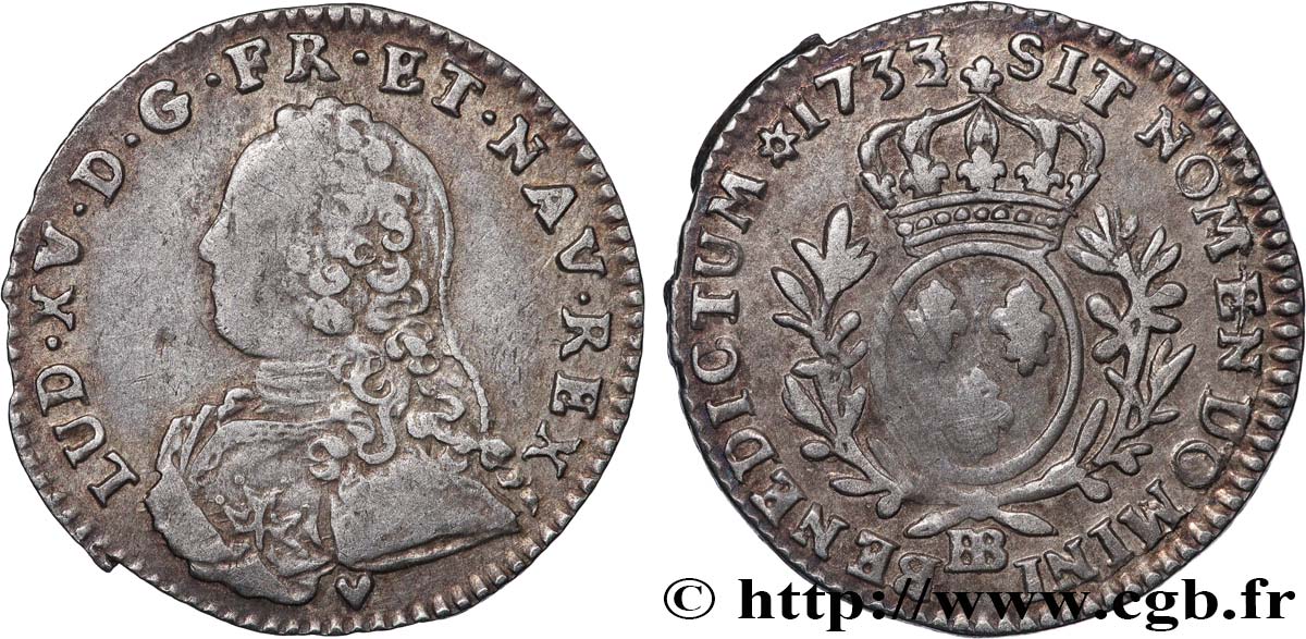 LOUIS XV &nbsp;THE WELL-BELOVED&nbsp; Dixième d’écu aux branches d’olivier, buste habillé 1733 Strasbourg q.BB/BB