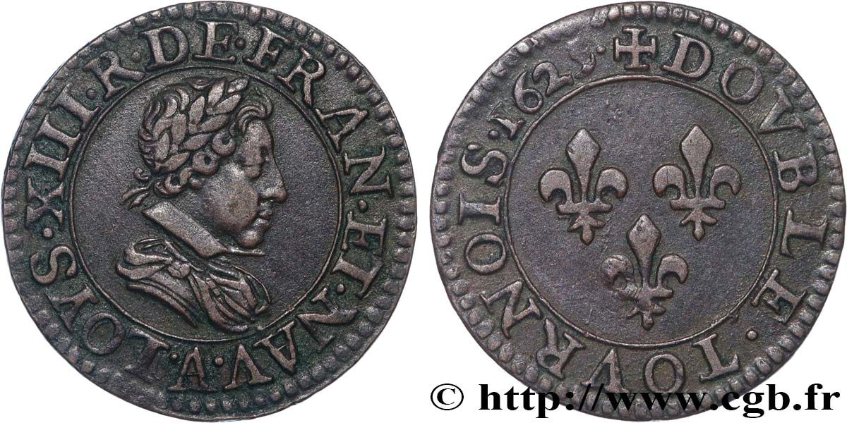 LOUIS XIII LE JUSTE Double tournois, type 2 de Paris 1625 Paris TTB+/SUP