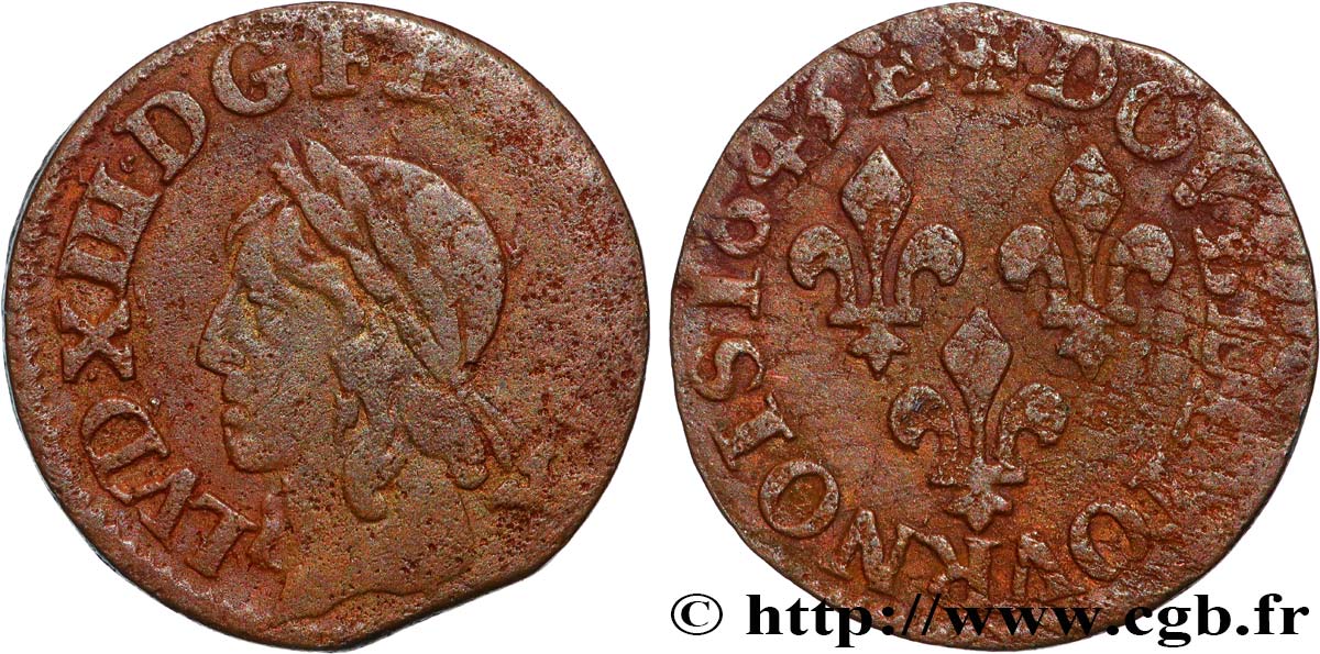 LOUIS XIII LE JUSTE Double tournois, type de Warin 1643 Tours TB+