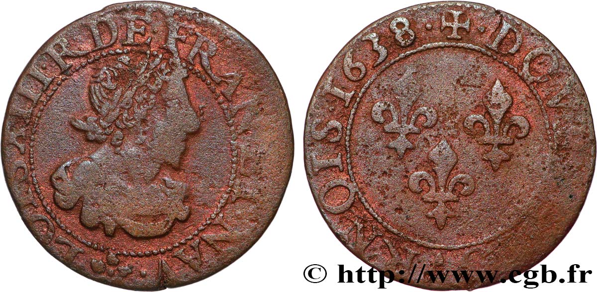 LOUIS XIII  Double tournois 1638 Troyes ? XF