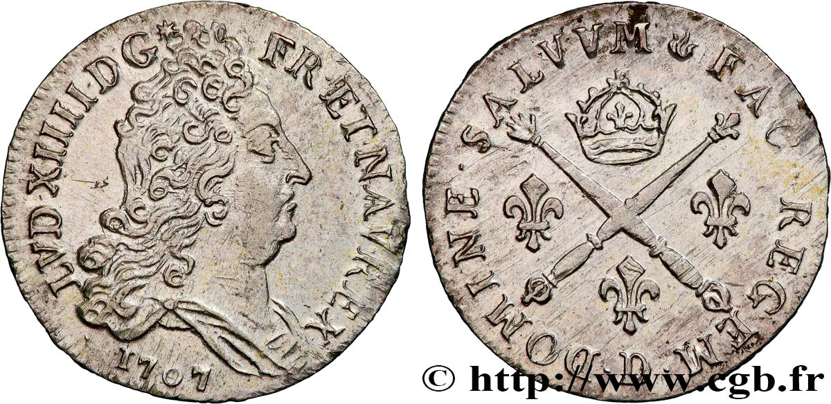 LOUIS XIV &nbsp;THE SUN KING&nbsp; 10 sols aux insignes 1707 Lyon q.SPL