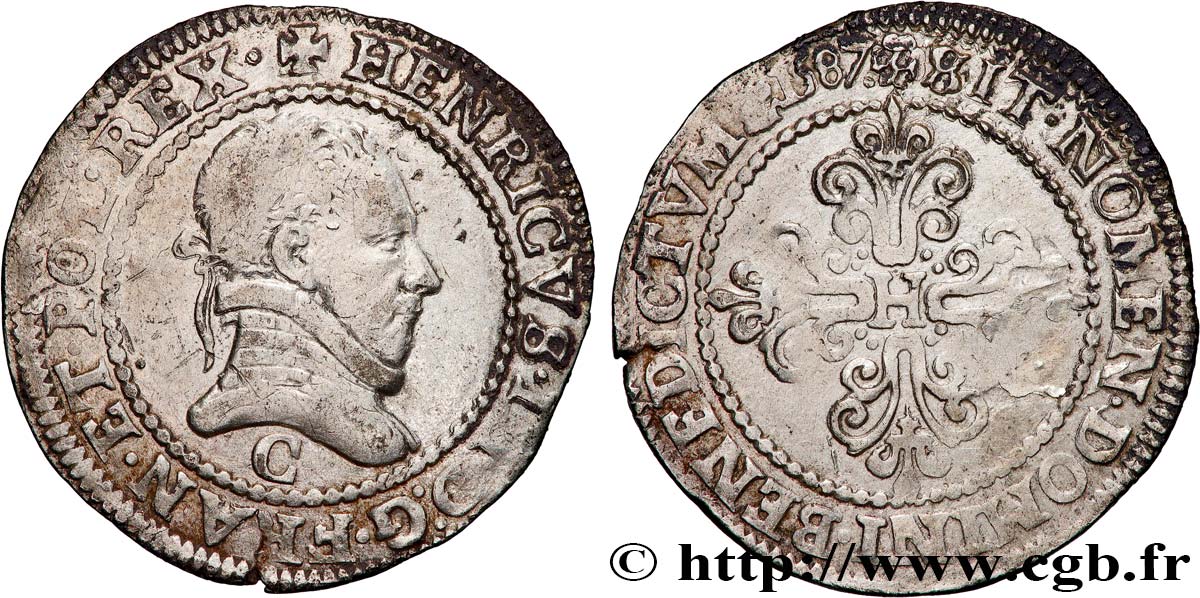 HENRI III Quart de franc au col plat 1587 Saint-Lô TTB+