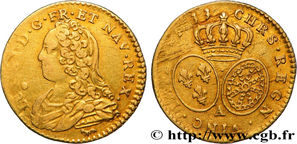 LOUIS XV DIT LE BIEN AIMÉ Demi-louis d or aux écus ovales, buste habillé 1733 Paris TB+/TTB