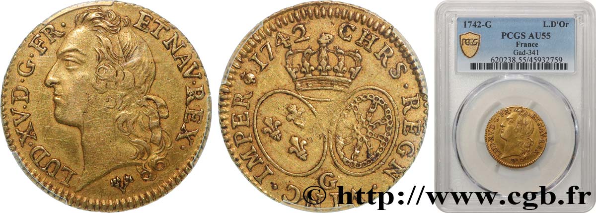 LOUIS XV  THE WELL-BELOVED  Louis d’or aux écus ovales, tête ceinte d’un bandeau 1742 Poitiers SPL55