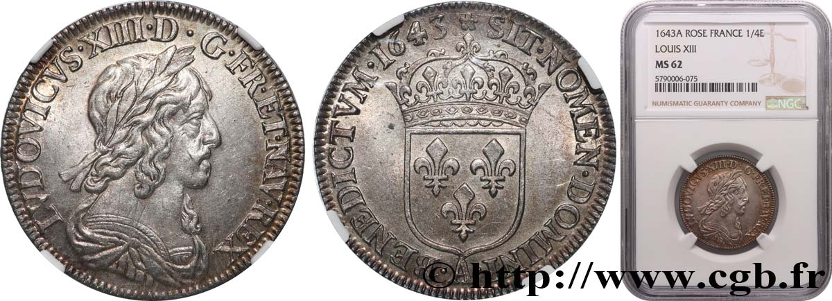 LOUIS XIII LE JUSTE Quart d écu, buste drapé et cuirassé (2e buste de Jean Warin) 1643 Paris, Monnaie de Matignon SUP62