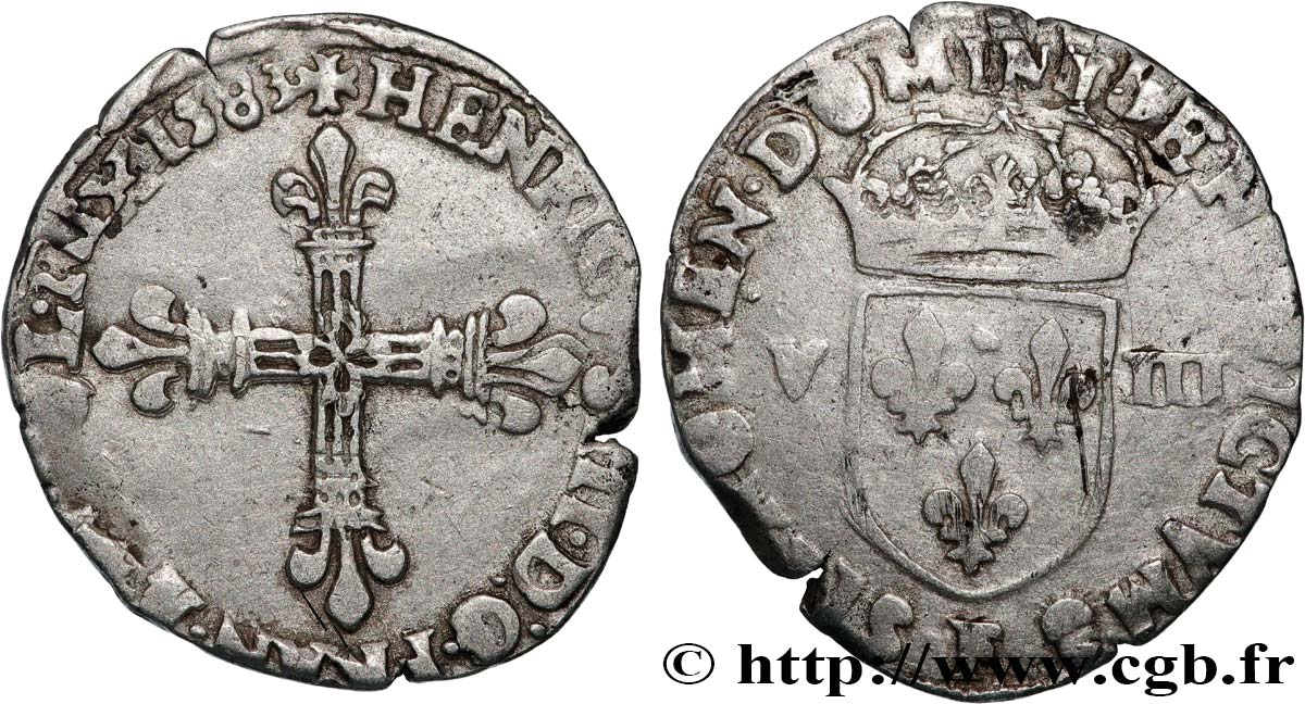 HENRI III Huitième d écu, croix de face 1583 Angers TB+/TB