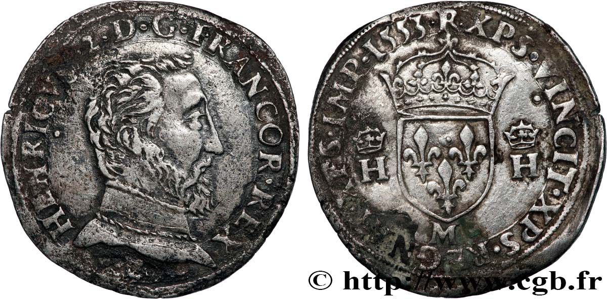 HENRI II Teston à la tête nue, 5e type 1553 Toulouse TTB