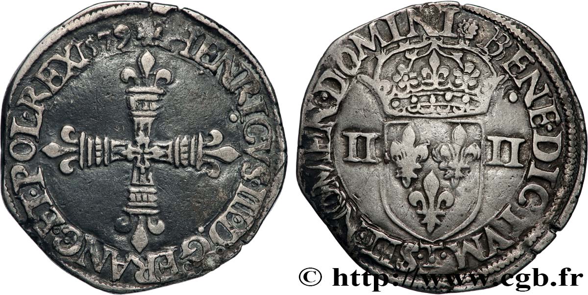 HENRI III Quart d&nbsp;écu, croix de face 1579 Nantes TTB