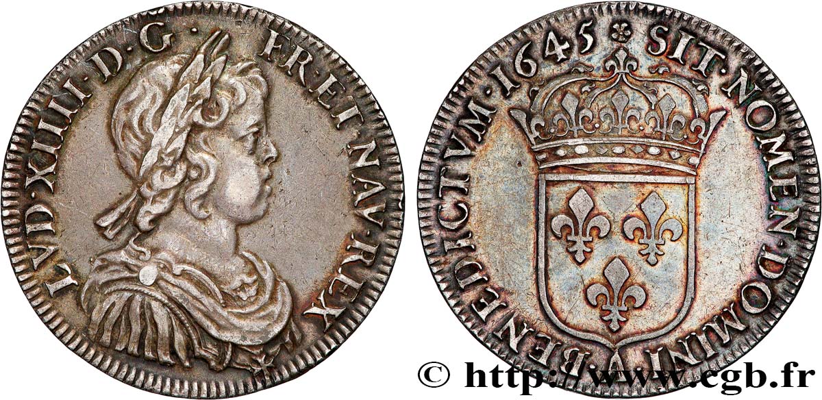 LOUIS XIV LE GRAND OU LE ROI SOLEIL Demi-écu à la mèche courte 1645 Paris, Monnaie de Matignon TTB
