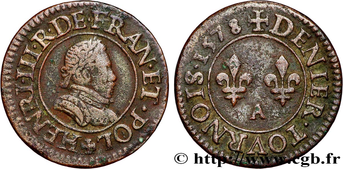 HENRI III Denier tournois, 1er type de Paris 1578 Paris TTB