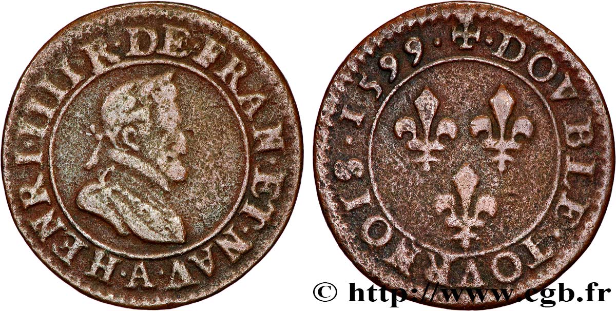 HENRI IV LE GRAND Double tournois, 2e type de Paris (légende française) 1599 Paris, Moulin des Étuves TTB