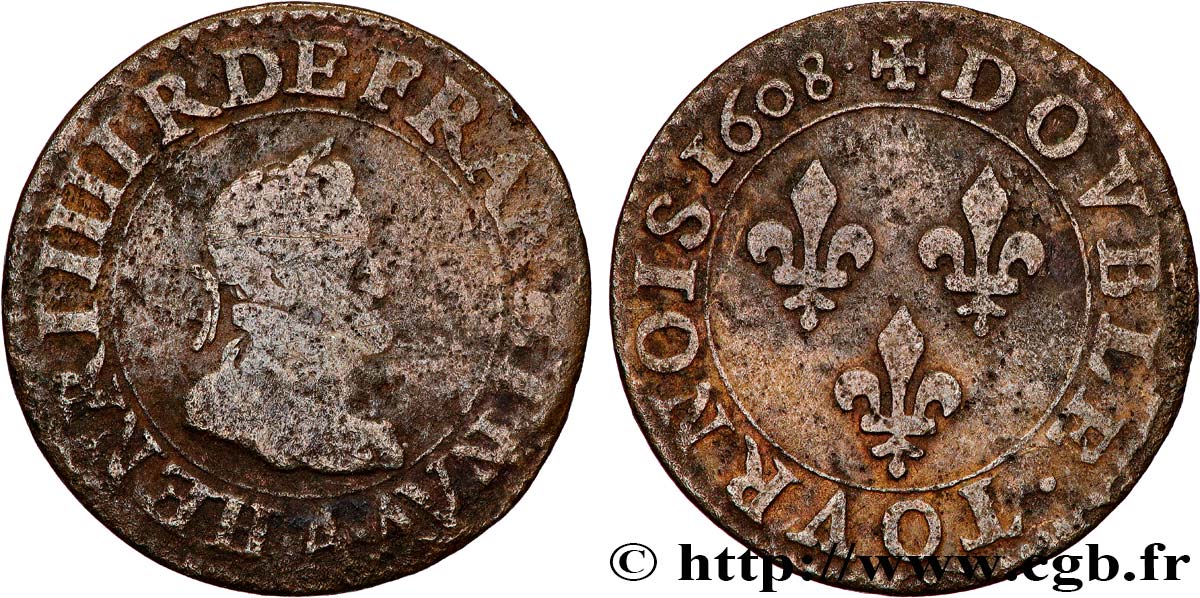 HENRY IV Double tournois, 2e type de Paris (légende française) 1608 Paris BC+