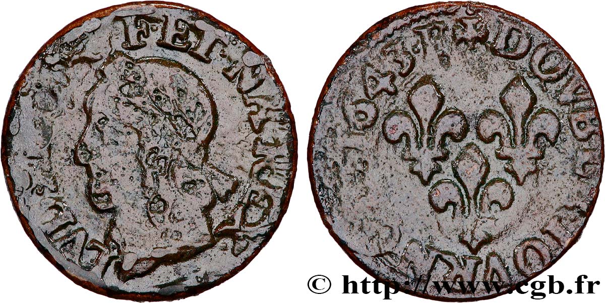 LOUIS XIII LE JUSTE Double tournois, type de Warin 1643 Tours B+