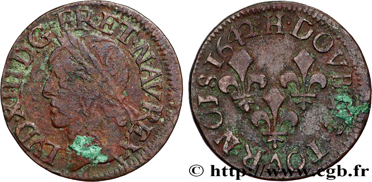 LOUIS XIII LE JUSTE Double tournois, type de Warin 1642 La Rochelle TB+