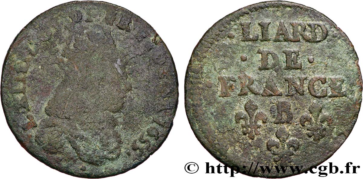 LOUIS XIV LE GRAND OU LE ROI SOLEIL Liard de cuivre, 2e type 1655 Pont-de-l’Arche B+