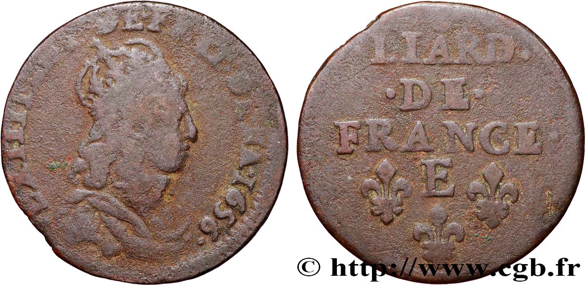 LOUIS XIV LE GRAND OU LE ROI SOLEIL Liard de cuivre, 2e type 1656 Meung-sur-Loire B+
