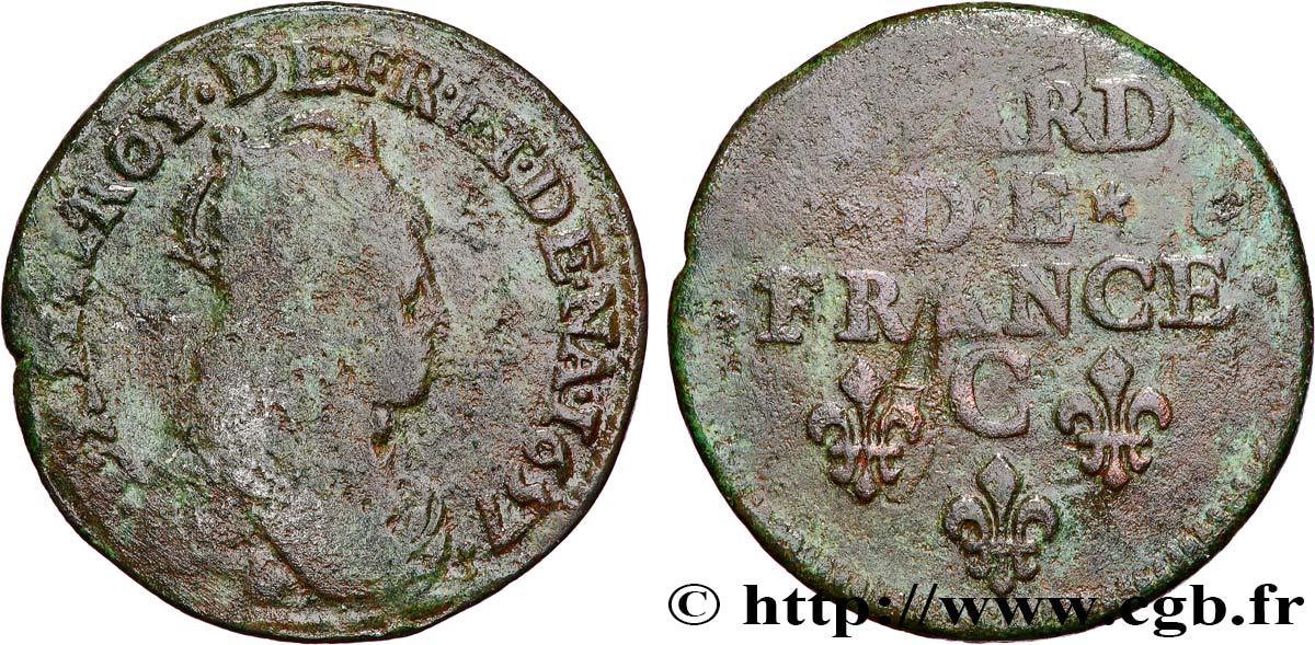 LOUIS XIV LE GRAND OU LE ROI SOLEIL Liard de cuivre, type 5 1657 Caen B+