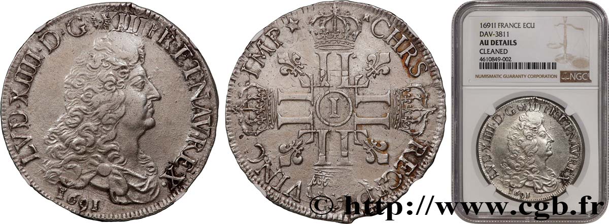 LOUIS XIV  THE SUN KING  Écu aux huit L, 1er type 1691 Limoges XF