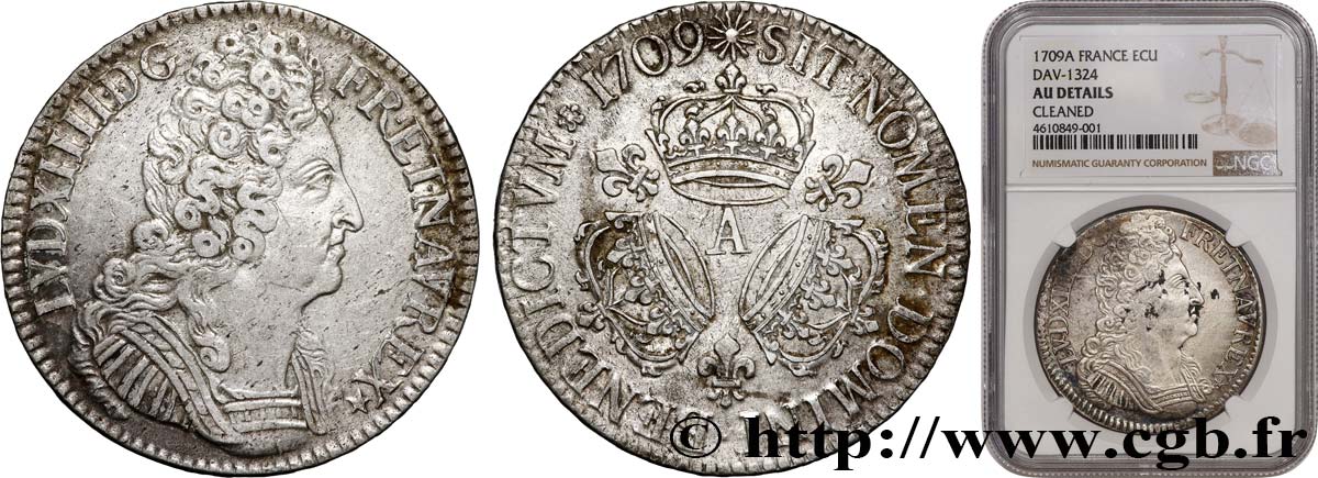 LOUIS XIV  THE SUN KING  Écu aux trois couronnes 1709 Paris VF/XF