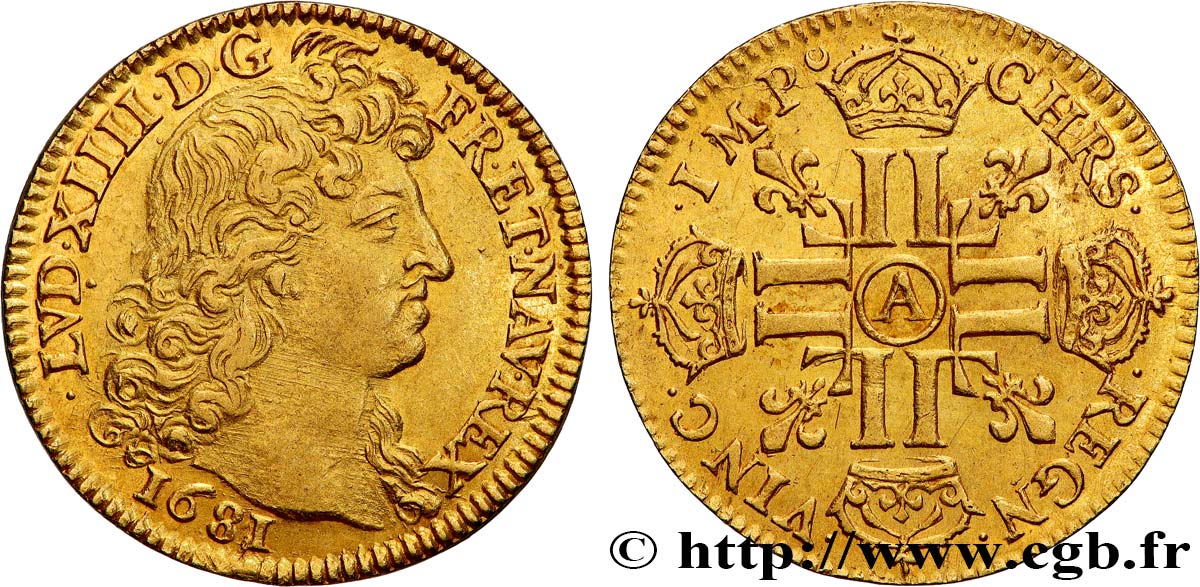 LOUIS XIV  THE SUN KING  Louis d’or aux huit L, portrait à la tête nue 1681 Paris VZ