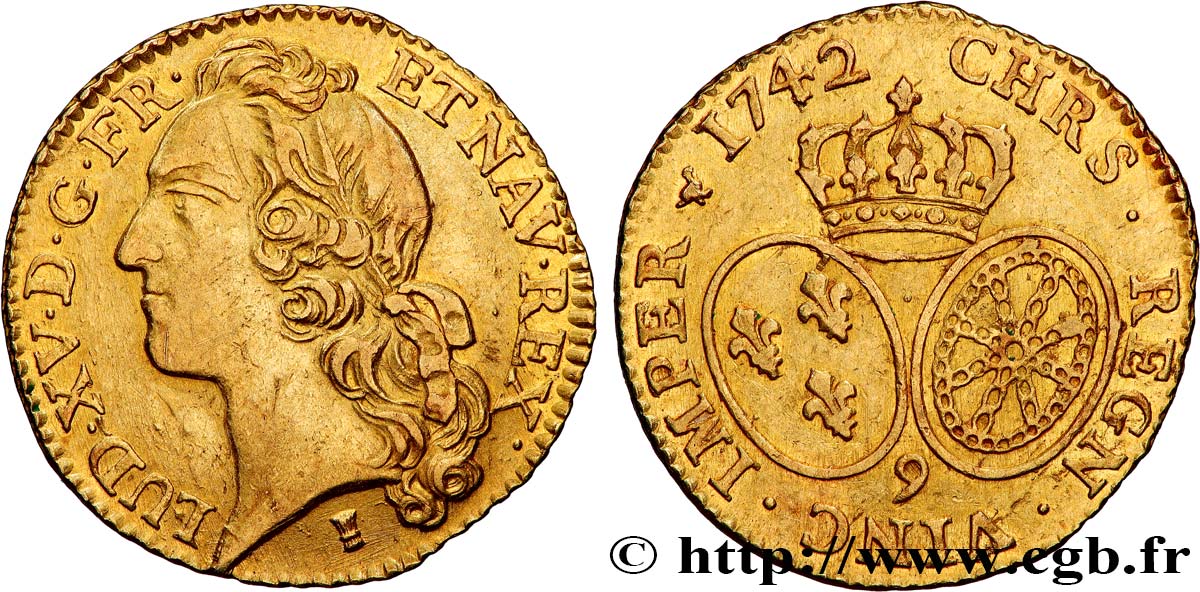 LOUIS XV &nbsp;THE WELL-BELOVED&nbsp; Louis d’or aux écus ovales, tête ceinte d’un bandeau 1742 Rennes AU