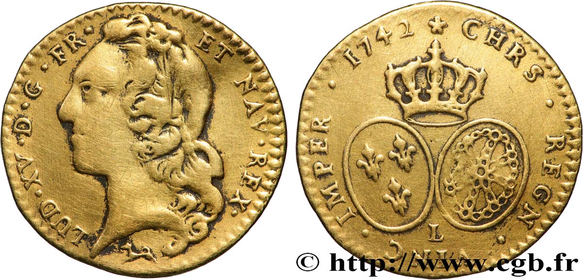 LOUIS XV DIT LE BIEN AIMÉ Demi-louis d’or aux écus ovales, tête ceinte d’un bandeau 1742 Bayonne TB+