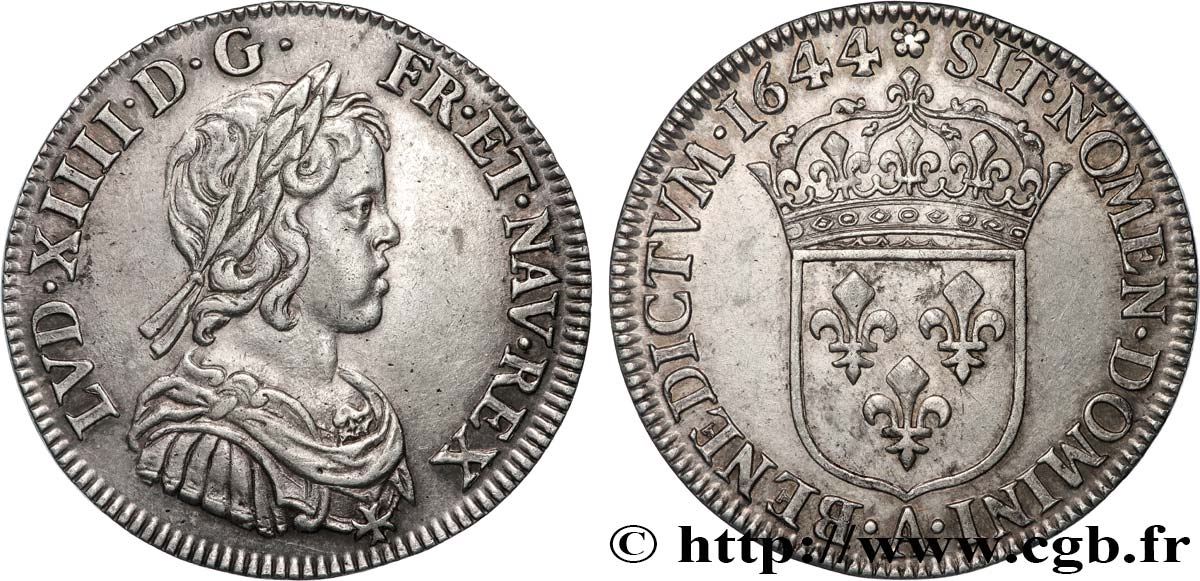 LOUIS XIV  THE SUN KING  Quart d écu, portrait à la mèche courte 1644 Paris, Monnaie de Matignon SPL