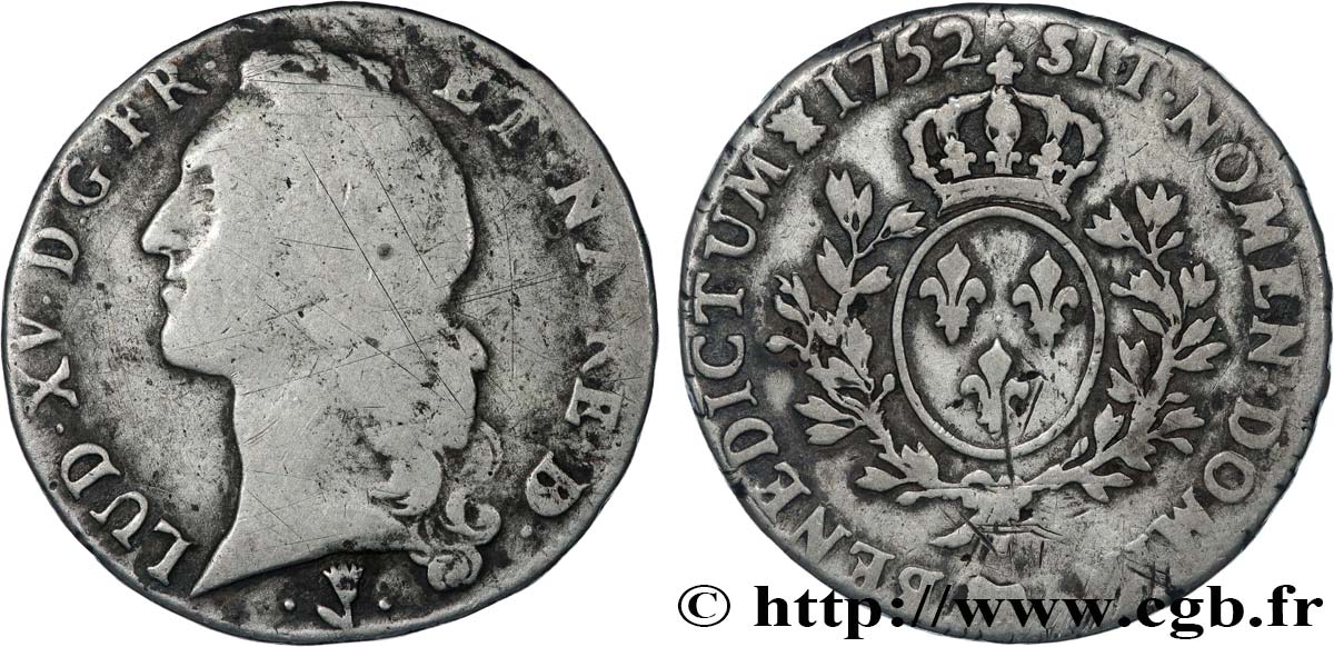 LOUIS XV  THE WELL-BELOVED  Écu aux branches d’olivier, tête ceinte d’un bandeau 1752 Pau fS