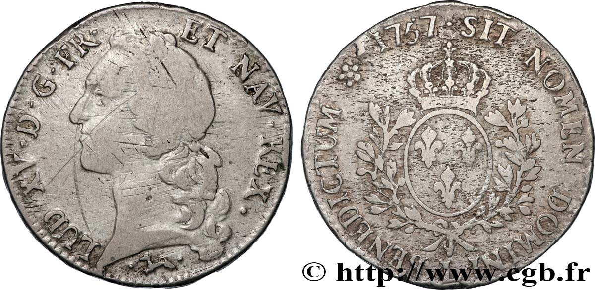 LOUIS XV &nbsp;THE WELL-BELOVED&nbsp; Écu aux branches d’olivier, tête ceinte d’un bandeau 1757 Bayonne VF