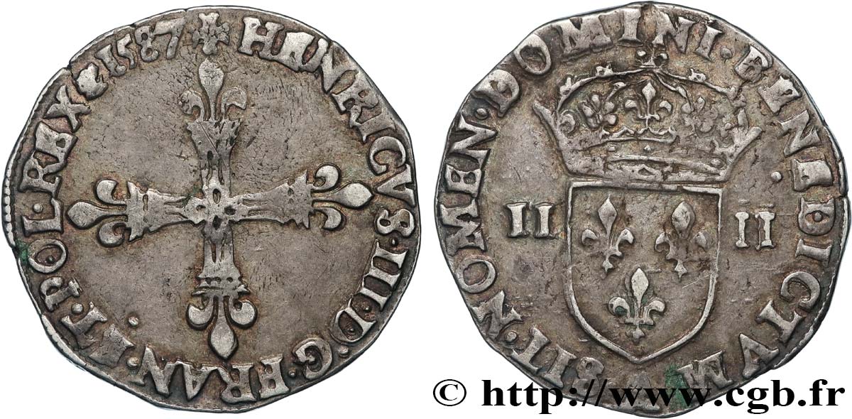 HENRY III Quart d écu, croix de face 1587 Paris q.BB