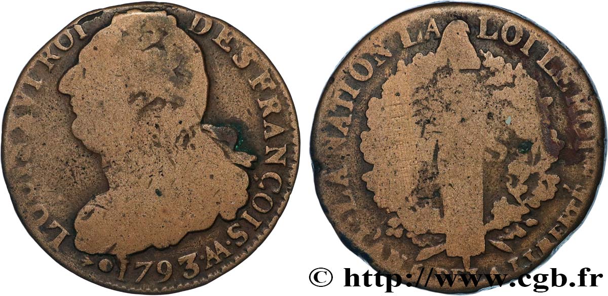 LOUIS XVI (MONARQUE CONSTITUTIONNEL)  2 sols dit  au faisceau , type FRANÇOIS 1793 Metz TB