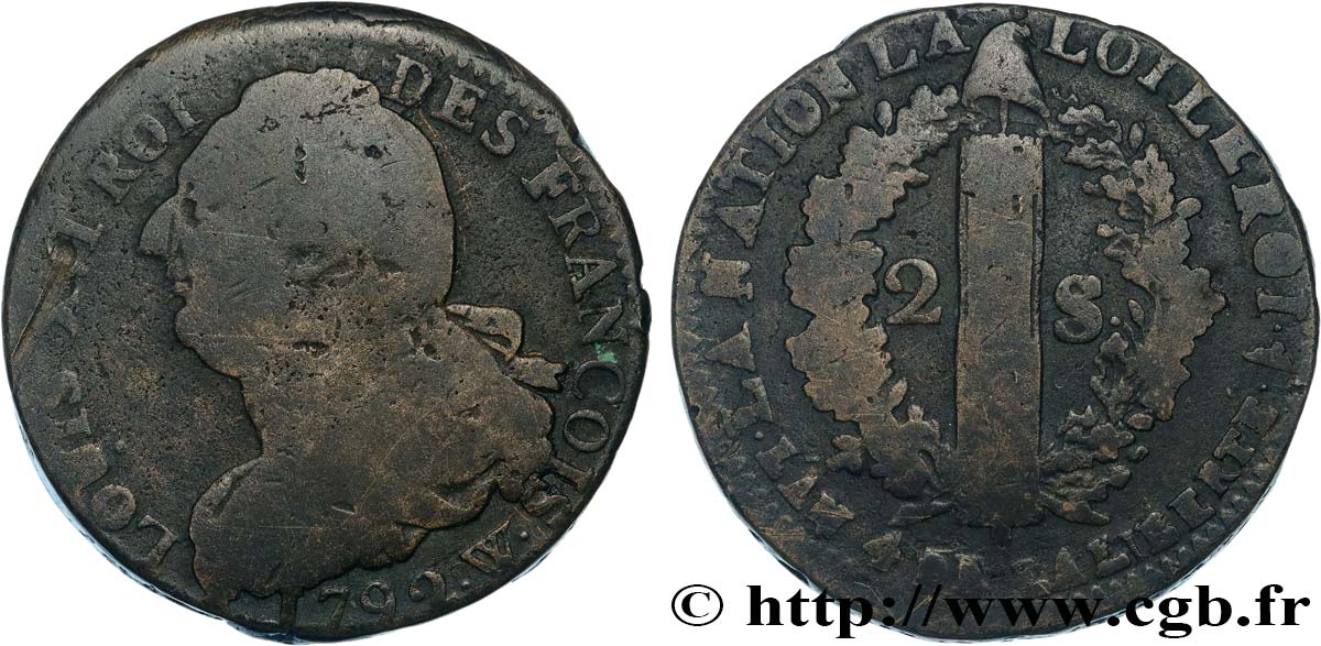 LOUIS XVI (MONARQUE CONSTITUTIONNEL)  2 sols dit  au faisceau , type FRANCOIS 1792 Lille TB+