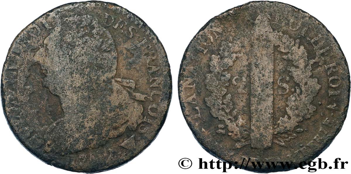 LOUIS XVI (MONARQUE CONSTITUTIONNEL)  2 sols dit  au faisceau , type FRANCOIS 1792 Lille B+