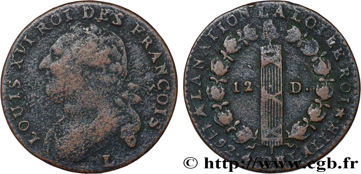 LOUIS XVI 12 deniers dit  au faisceau , type FRANCOIS 1792 Bayonne VF
