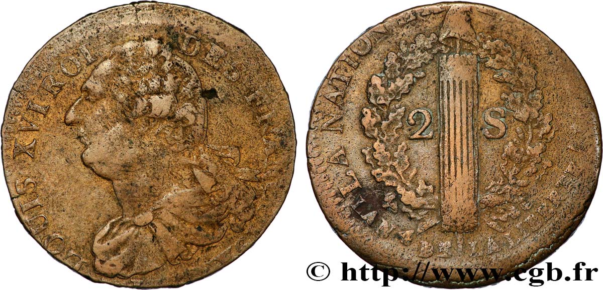 LOUIS XVI (MONARQUE CONSTITUTIONNEL)  2 sols dit  au faisceau , type FRANCOIS 1792 Lille TB+