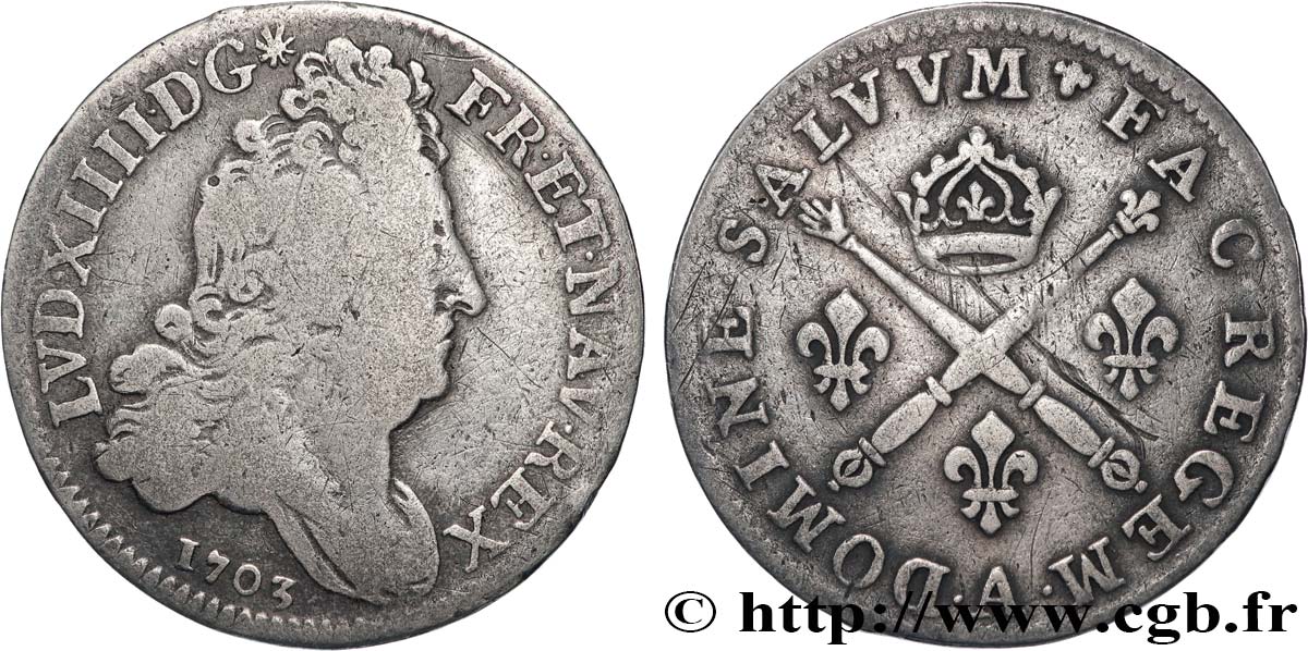 LOUIS XIV  THE SUN KING  10 sols aux insignes 1703 Paris S/fSS