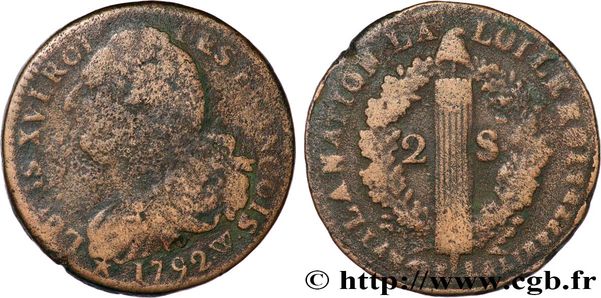LOUIS XVI (MONARQUE CONSTITUTIONNEL)  2 sols dit  au faisceau , type FRANCOIS 1792 Lille B+/TB