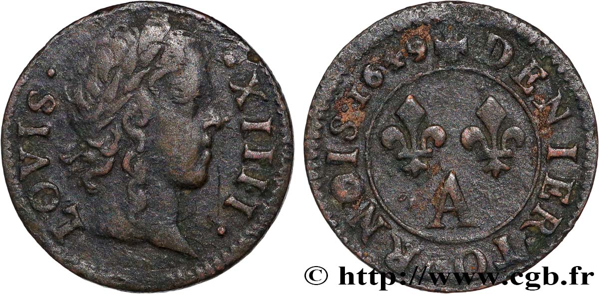 LOUIS XIV LE GRAND OU LE ROI SOLEIL Denier tournois 1649 Paris, Moulin du Louvre TB+