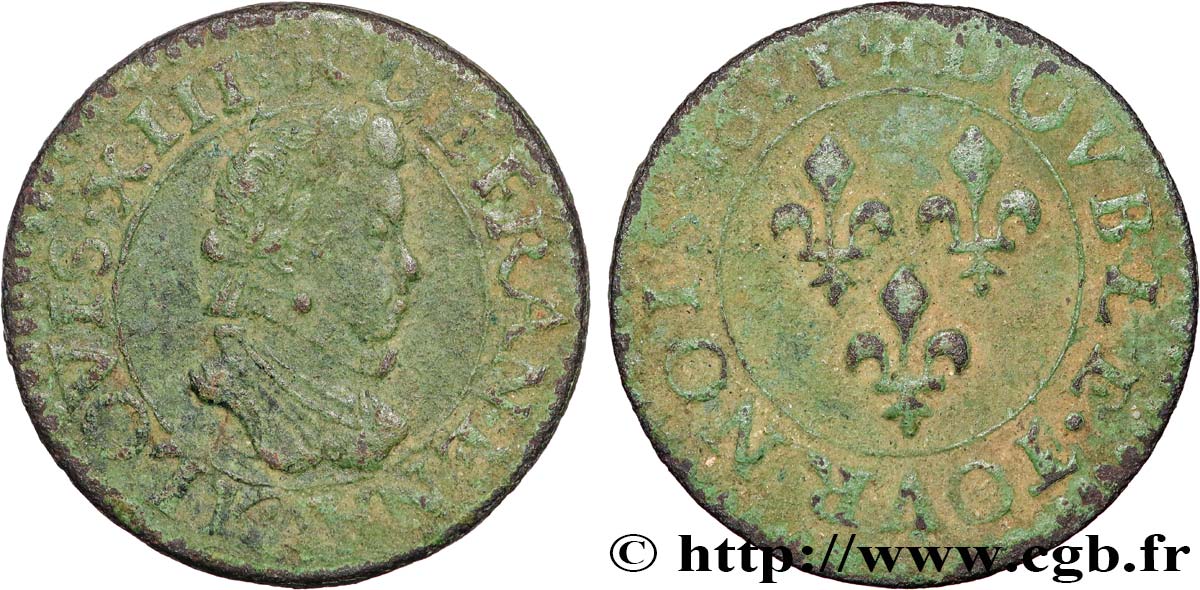 LOUIS XIII  Double tournois, grand buste enfantin, drapé à large fraise 1621 Bordeaux BC+