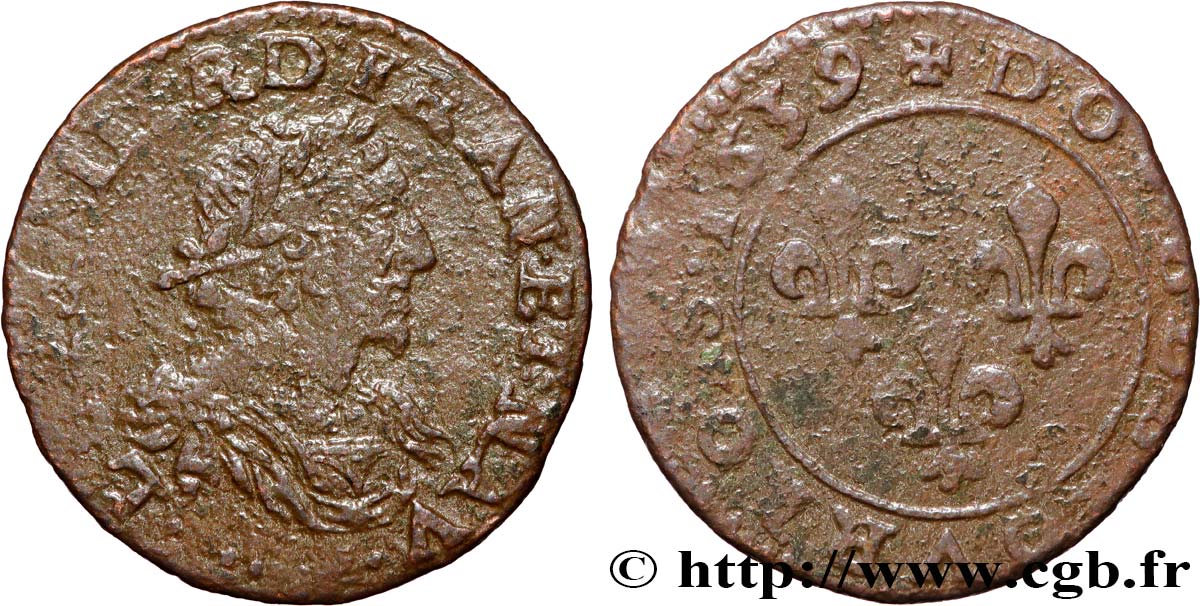 LOUIS XIII LE JUSTE Double tournois, au grand buste viril drapé 1639 Ateliers de l’axe Loire-Rhône TB