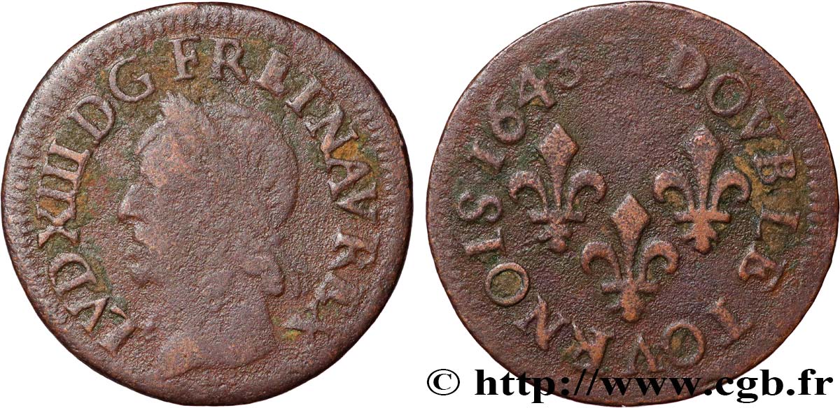 LOUIS XIII LE JUSTE Double tournois, type de Warin 1643 Bordeaux TB+
